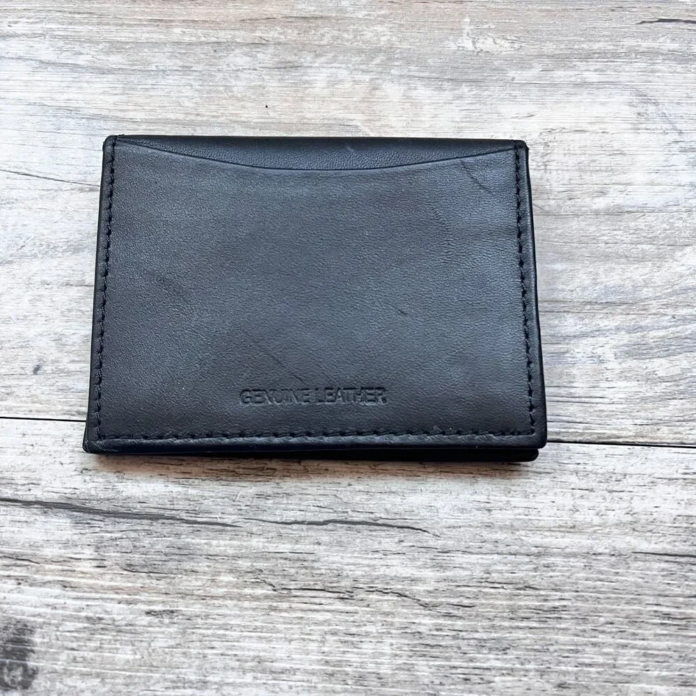 Black Genuine Leather Bifold Wallet Minimalist Slim ID Card Holder Men's Fold